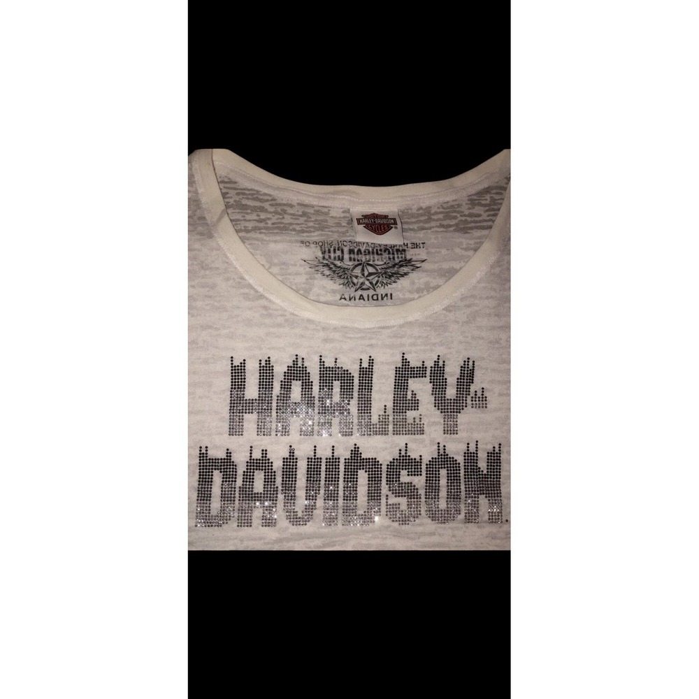 White sheer burnwash studded bling logo Harley Davidson shirt‎ sz Large - Picture 8 of 9